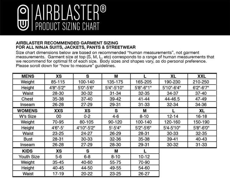 Airblaster Freedom Suit Size Chart